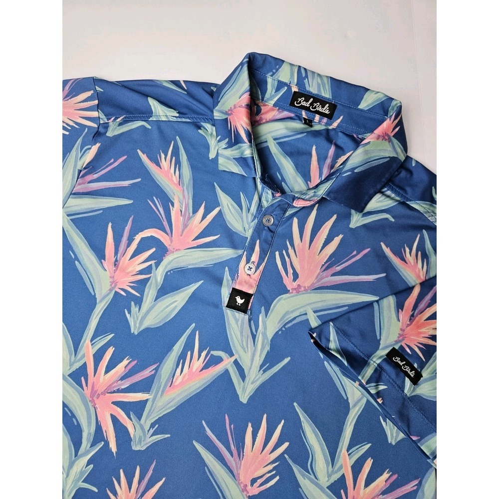 Bad Birdie Men's Bird of Paradise Short Sleeve Golf Polo Shirt Blue Large